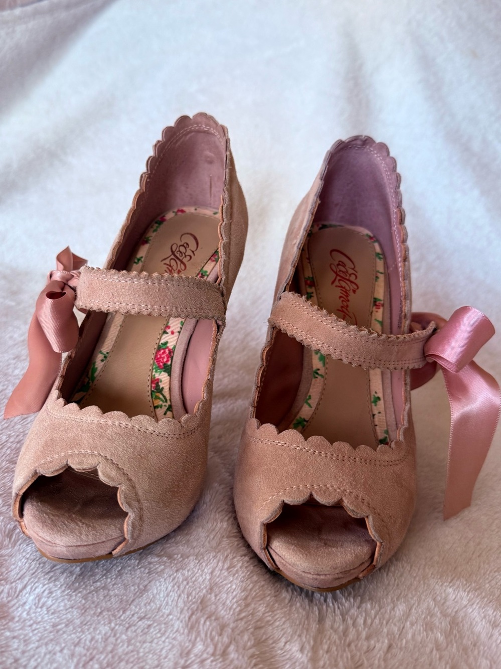 Cece L’amour Blush Pink Scalloped Peep-Toe Heels with Satin Ribbon